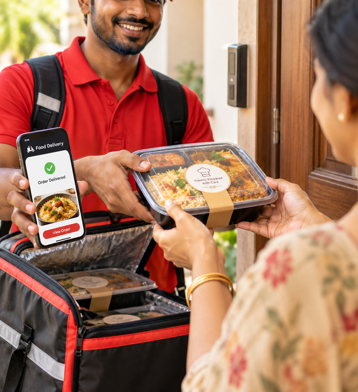 Delivery partner handing over a food order at a doorstep