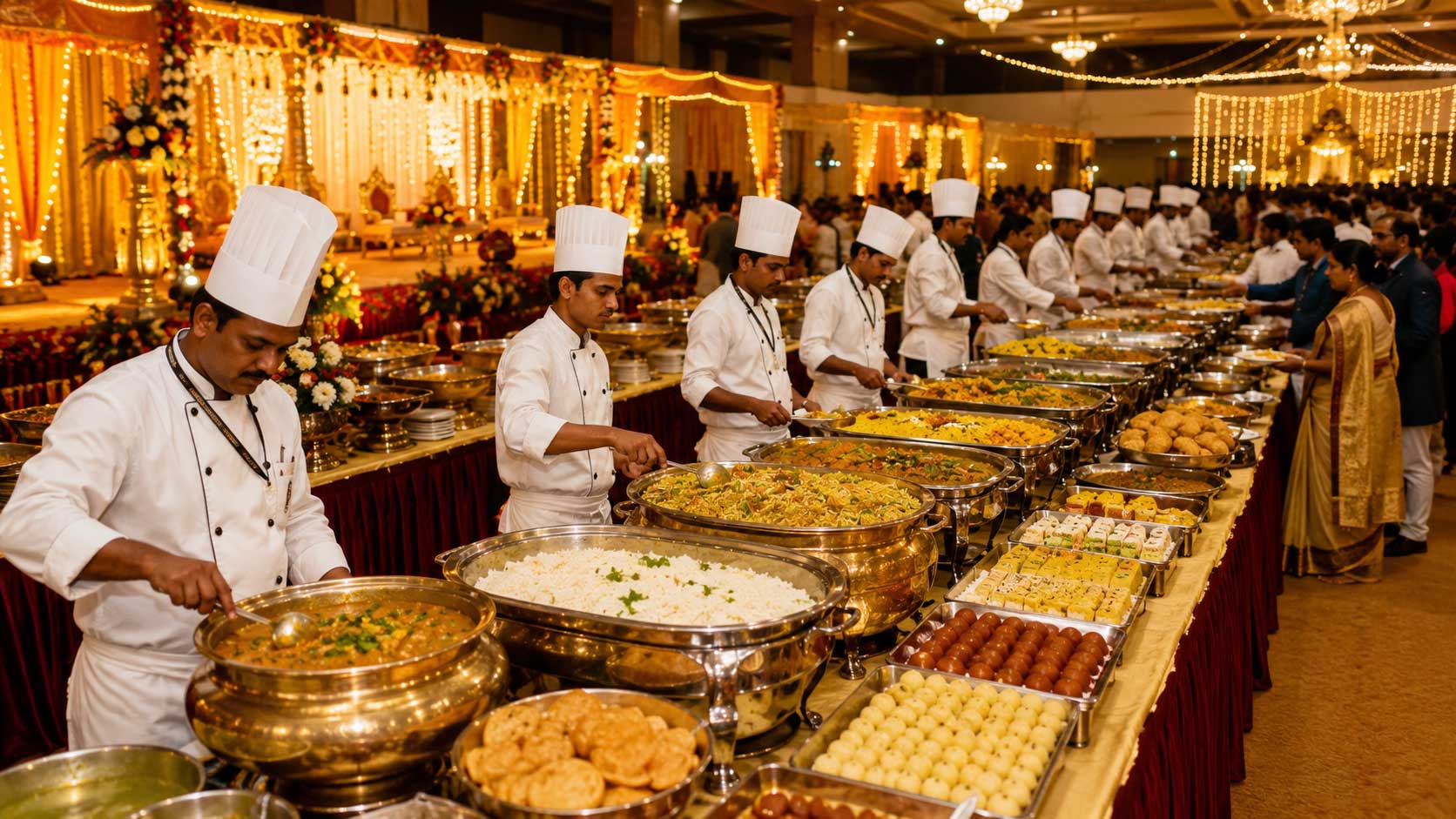 Catering staff serving food at a wedding event